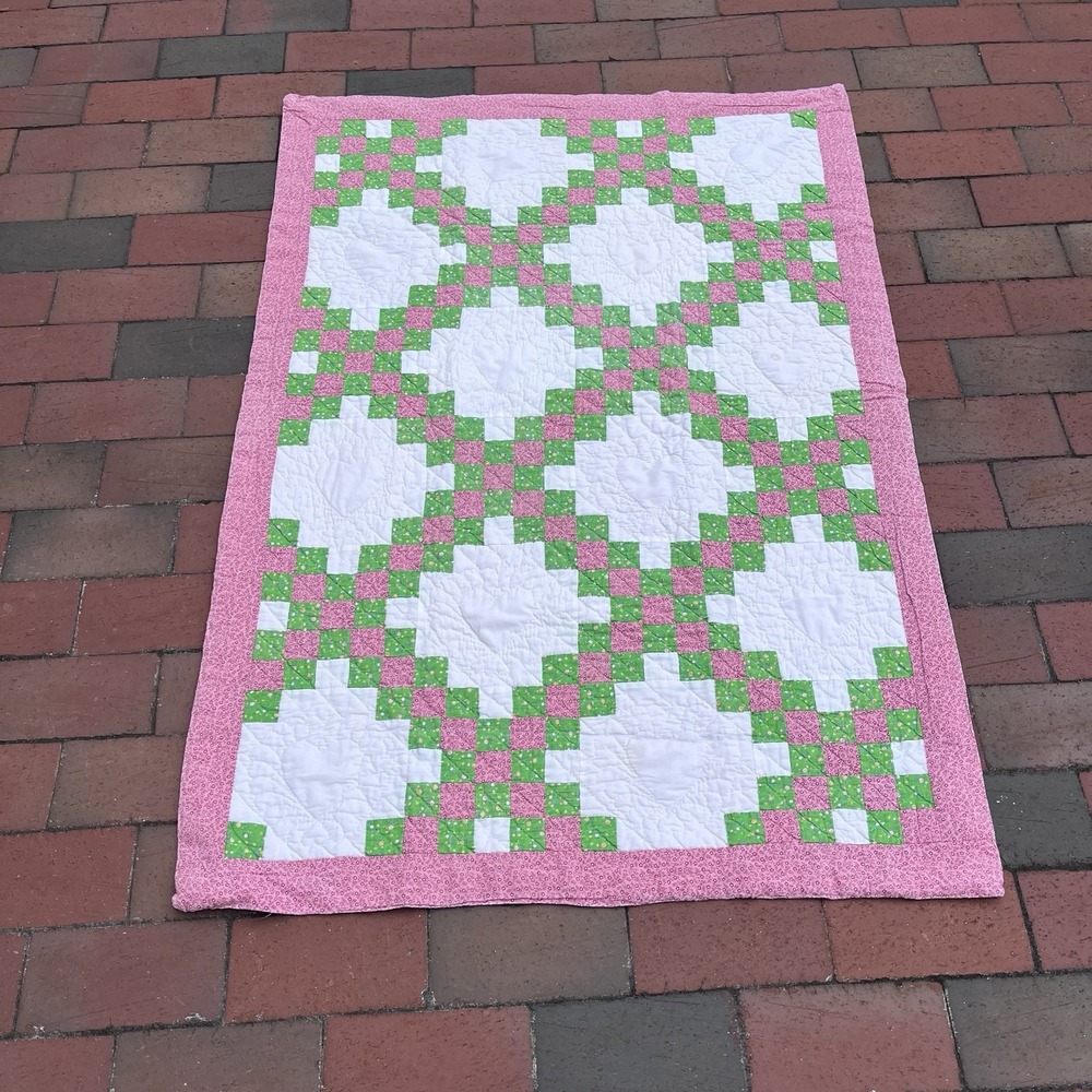 Handmade Patchwork Girls Crib Quilt, Green, White, Pink, One Of A Kind 50"x34"